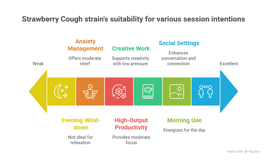 An infographic displaying the suitability of the Strawberry Cough strain for various activities. It scales from weak to excellent, highlighting the variety as an ideal choice for social settings and morning use, while being less effective for evening wind-downs.