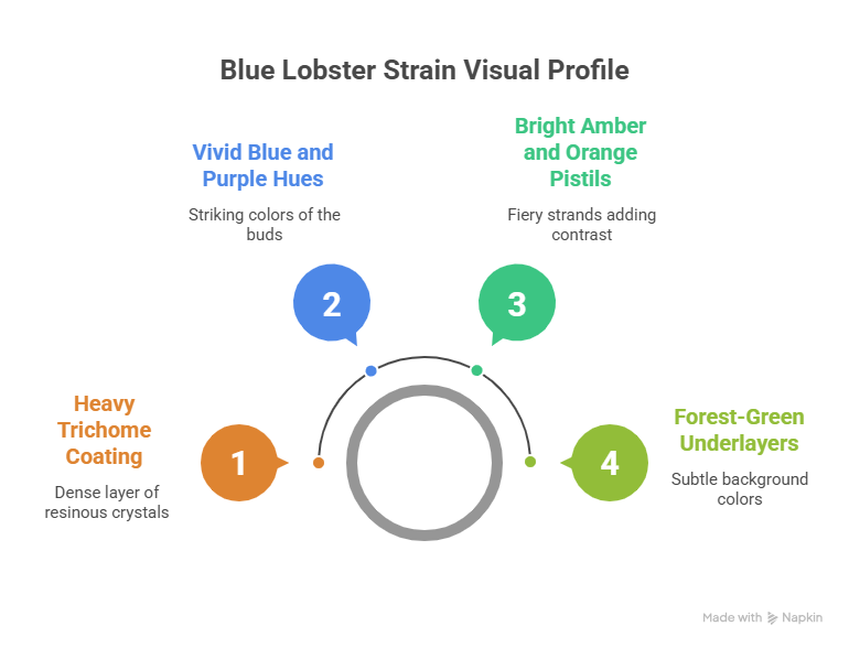 An infographic titled "Blue Lobster Strain Visual Profile" highlighting four key physical characteristics: a heavy trichome coating, vivid blue and purple hues, bright amber and orange pistils, and forest-green underlayers.