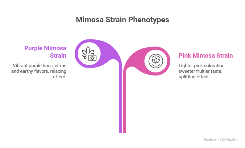 An infographic comparing Purple and Pink Mimosa phenotypes, highlighting their unique profiles and limonene terpene effects. It outlines differences in coloration, flavor profiles, and whether the resulting feeling is more relaxing or uplifting.