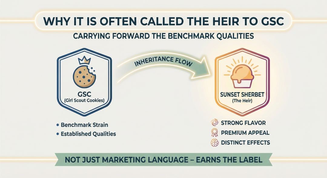 This image describes why the Sunset Sherbet strain earns the label of “Heir to GSC” by discussing its attributes.