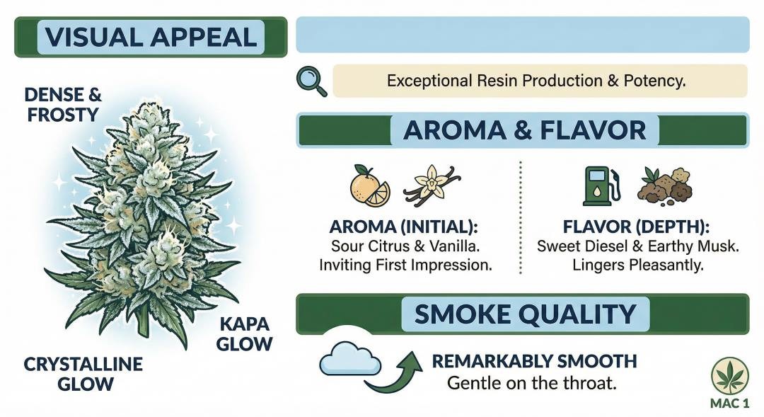 This image discusses the visual appeal, aroma, flavor, and smoke quality of the Mac 1 strain.
