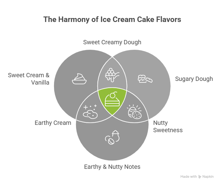 A Venn diagram illustrating the complex taste profile of the Ice Cream Cake strain. It shows the intersection of sweet cream and vanilla, sugary dough, and earthy nutty notes to create specific flavors like sweet creamy dough and earthy cream.