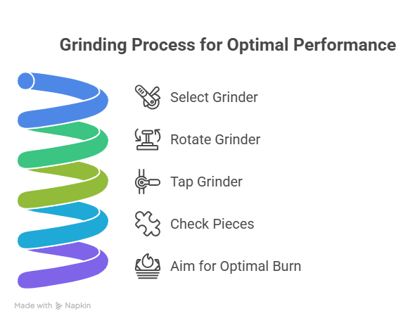 An infographic featuring a colorful spiral graphic and five steps: select grinder, rotate grinder, tap grinder, check pieces, and aim for optimal burn. This guide illustrates the preparation phase of how to smoke a bowl by ensuring an even grind.