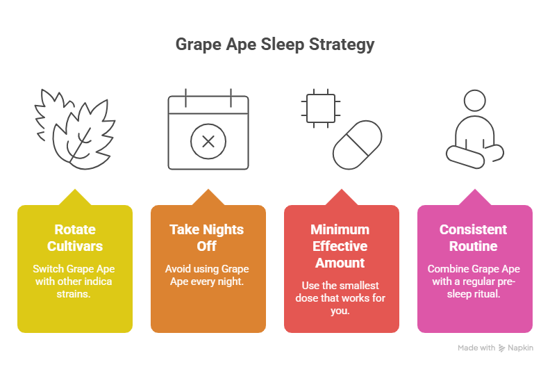 An infographic featuring four tips: rotate cultivars with other indica strains, take nights off, use the minimum effective amount, and maintain a consistent routine. It highlights best practices for integrating the Grape Ape strain into a pre-sleep ritual.