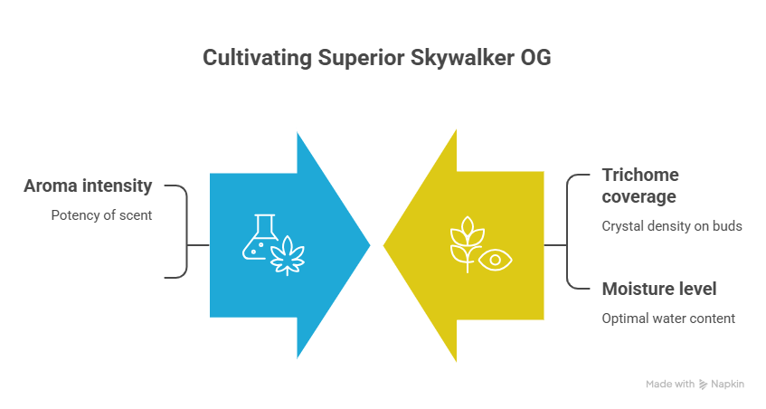 An infographic titled "Cultivating Superior Skywalker OG" that highlights key quality factors for the Skywalker OG strain. It features two opposing arrows illustrating aroma intensity on the left, and trichome coverage and moisture level on the right.