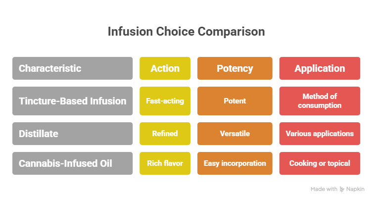Infographic comparing infusion choices for edibles, including tincture, distillate, and cannabis-infused oil by action, potency, and application. A helpful visual guide for understanding ingredient roles when learning how to make THC gummies.