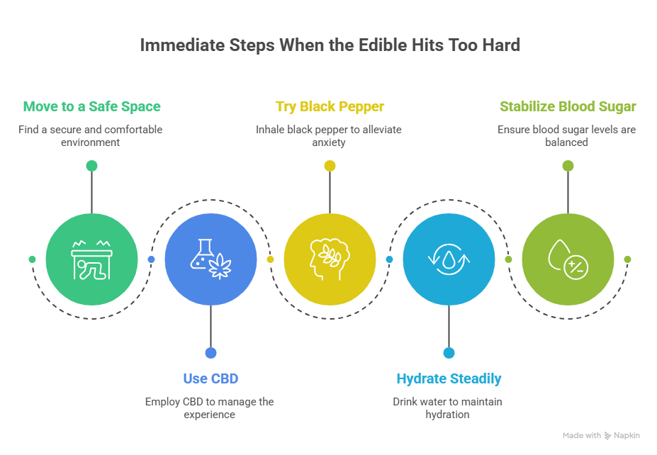 Infographic showing immediate steps to manage an intense edible experience, including hydration, black pepper, CBD use, and calming techniques. Practical visual tips for those learning how to sober up from edibles quickly and safely.