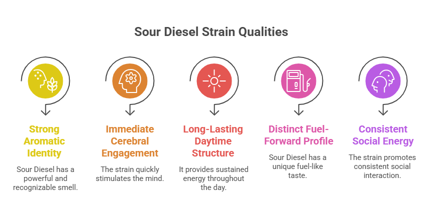An infographic showcasing five distinct attributes of the Sour Diesel strain. The highlighted qualities include a strong aromatic identity, immediate cerebral engagement, long-lasting daytime structure, a distinct fuel-forward profile, and consistent social energy.