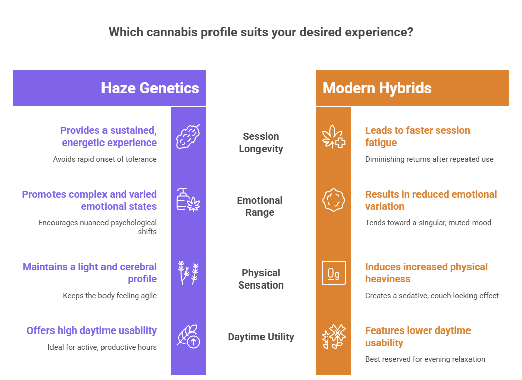 A comparison infographic contrasting Haze Genetics, like the Super Silver Haze strain, against Modern Hybrids. It details differences across four categories: session longevity, emotional range, physical sensation, and daytime utility.