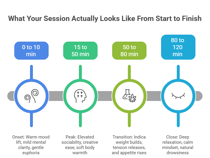 An infographic mapping out a four-stage timeline of effects for the Georgia Pie strain. It tracks the experience from initial onset and mild euphoria to peak creative ease, followed by an Indica weight transition and concluding with deep relaxation and drowsiness.