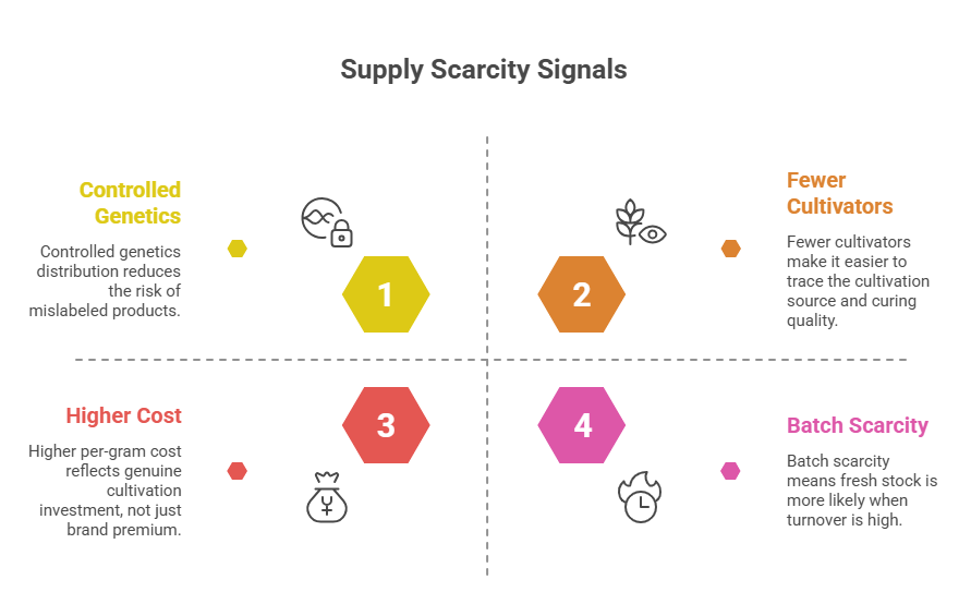An infographic that highlights market factors for the Permanent Marker strain. The quadrants use numbered hexagons and icons to break down indicators, including controlled genetics, fewer cultivators, higher cost, and batch scarcity.