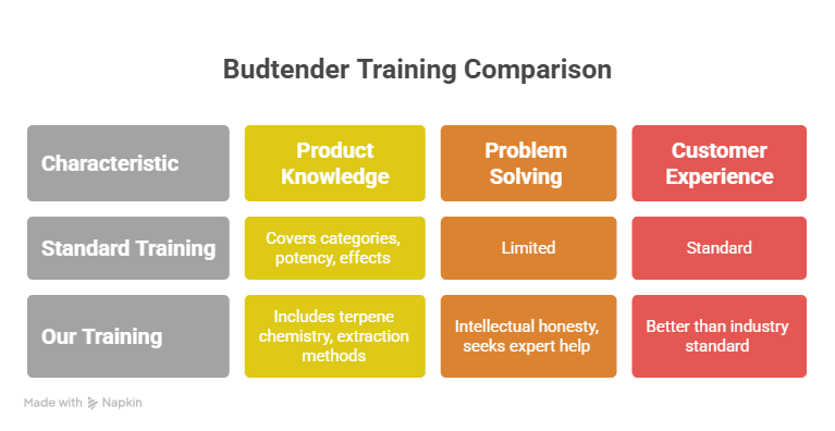 An infographic titled "Budtender Training Comparison" from the best dispensary in Tulsa, Oklahoma, comparing standard training to their specific program. The table highlights superior standards in product knowledge, problem-solving, and customer experience.