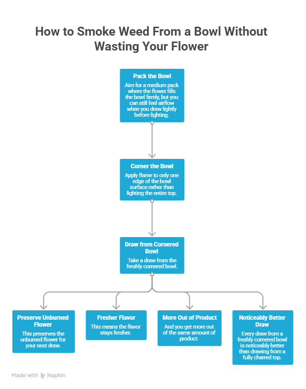 An infographic flow chart titled "How to Smoke Weed From a Bowl Without Wasting Your Flower." It outlines a three-step process: packing the bowl for airflow, cornering the flame, and drawing from the edge.