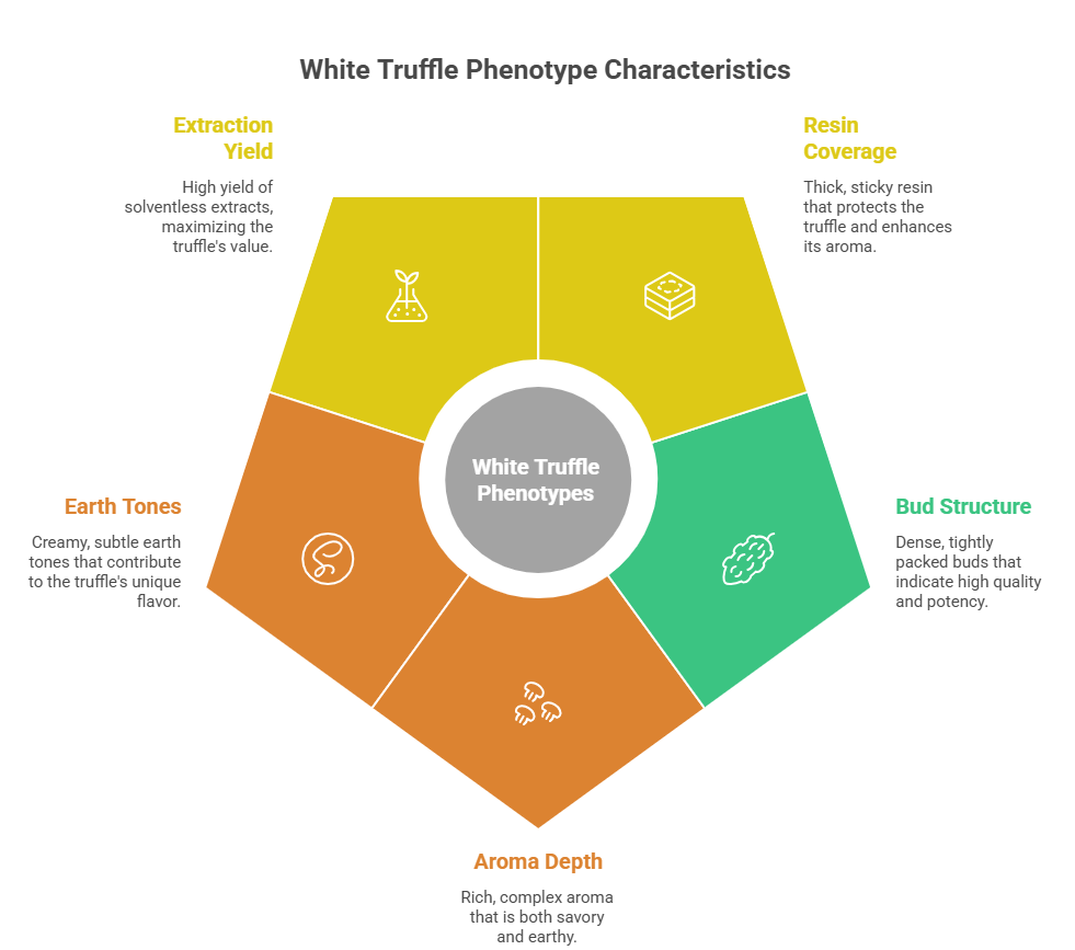 An infographic featuring a pentagon diagram that highlights five key traits of the White Truffle strain. The sections detail its high extraction yield, thick resin coverage, dense bud structure, rich aroma depth, and creamy earth tones.