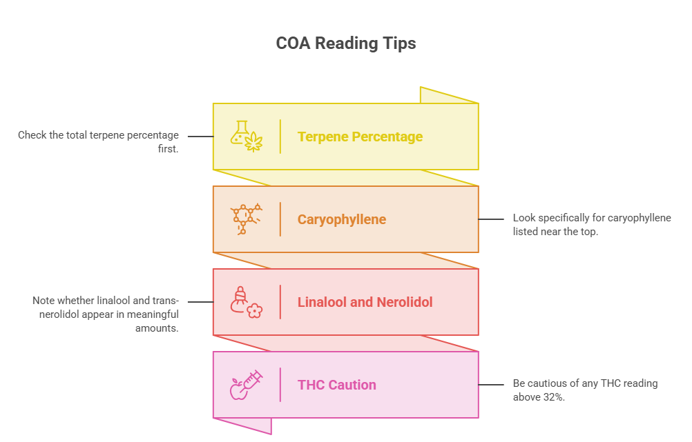 An infographic that displays advice on reading lab reports for the Bacio Gelato strain, highlighting specific areas to evaluate like total terpene percentage, caryophyllene, linalool, and nerolidol levels, and a high THC caution.
