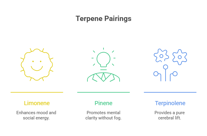 An infographic that displays the energetic aromatic compounds often found in the best sativa strains, highlighting limonene for mood and social energy, pinene for mental clarity, and terpinolene for a pure cerebral lift.