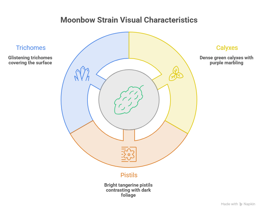This image describes the visual characteristics of Moonbow strain by discussing its trichomes, pistils, and calyxes.