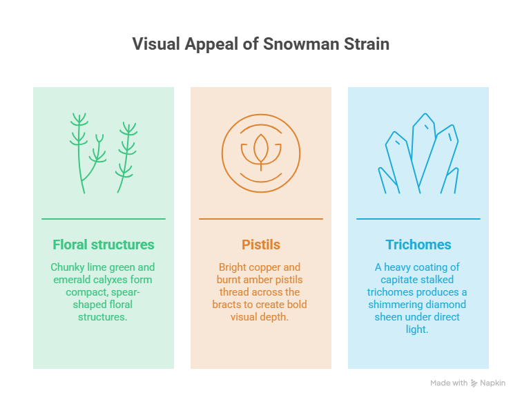 This image discusses the floral structures, pistils, and trichomes of a Snowman strain.