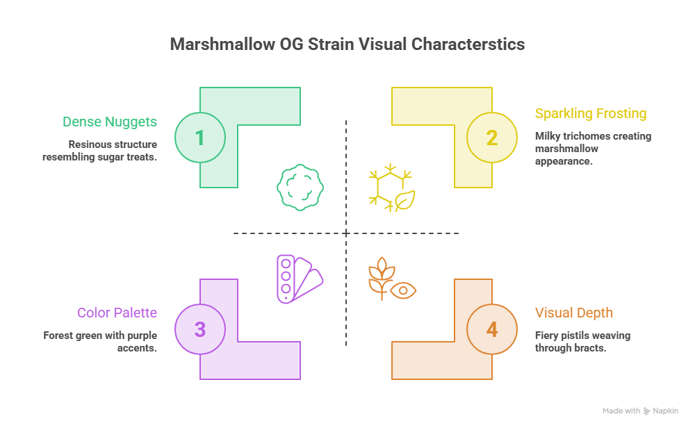 This image discusses the visual characteristics, including color palette and density of Marshmallow OG strain. 