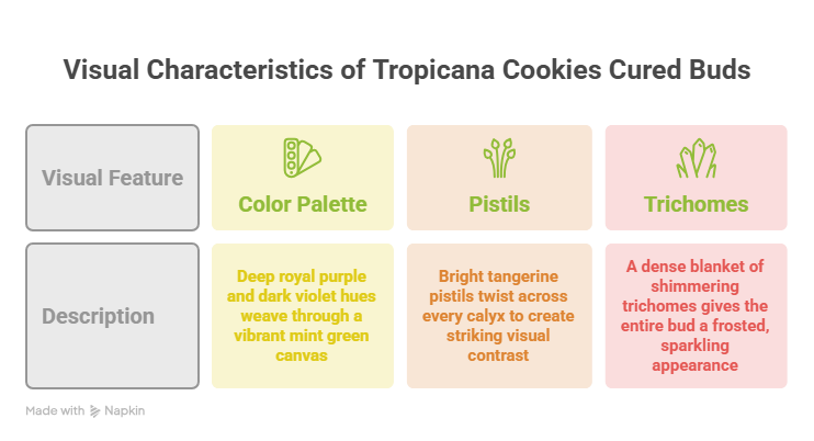 This image describes the visual characteristics of Tropicana Cookies cured buds.